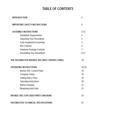 Product picture PaceMaster Bronze XRC Recumbent Bike Owner Manual