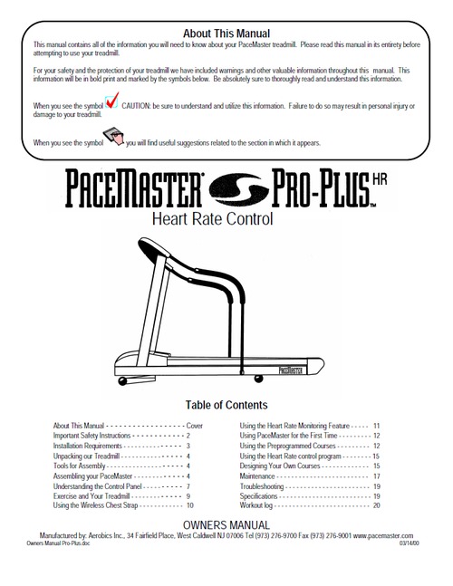 Product picture Pacemaster ProPlus HR Treadmill Owner Manual
