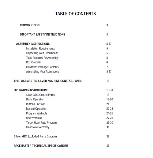Product picture PaceMaster Silver XRC Recumbent Bike Owner Manual