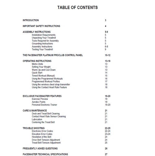 Product picture PaceMaster Platinum ProClub Treadmill Owner Manual
