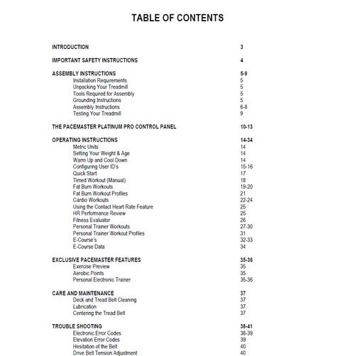 Product picture PaceMaster Platinum Pro Treadmill Owner Manual