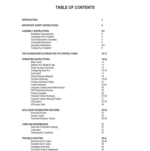 Product picture PaceMaster Platinum Pro VR Treadmill Owner Manual