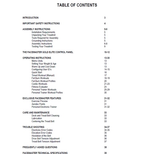 Product picture PaceMaster Gold Elite Treadmill Owner Manual